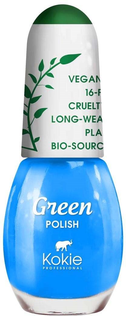 Grönt nagellacksfärgfärgburk med vit topp och grön-vit etikett, betonar veganska och cruelty-free egenskaper.