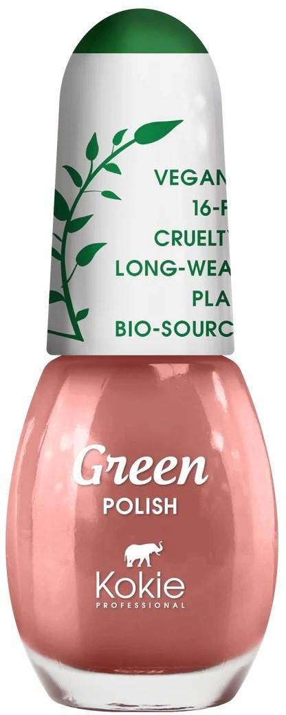 En rosa nagellackflaska med en grön och vit kapsel, märkt 'Green Polish' av Kokie, vegan och djurvänlig.
