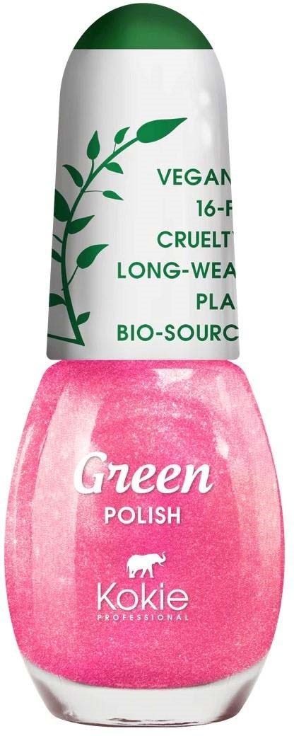 En neglelakkflaske med grønt og rosa, merket som vegansk, dyrevennlig, langvarig og bio-basert av Kokie.