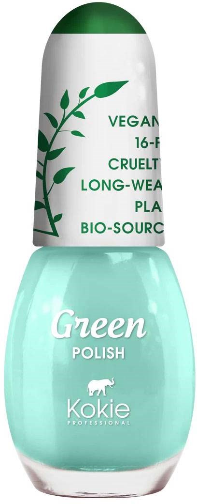 En flaske med grønn neglelakk med hvit hette, merket for vegan, cruelty-free, langvarig, bio-Source bruk.