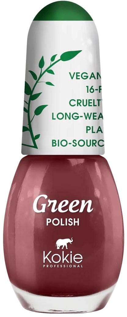 En nagellackflaska med rosa färg och grön kork, med text om veganskt, cruelty-free, långvarigt, bio-ikt.