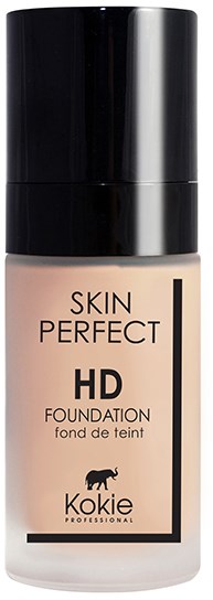 En flaske med Skin Perfect HD Foundation fra Kokie Professional, med svart lokk og beige væske inni.