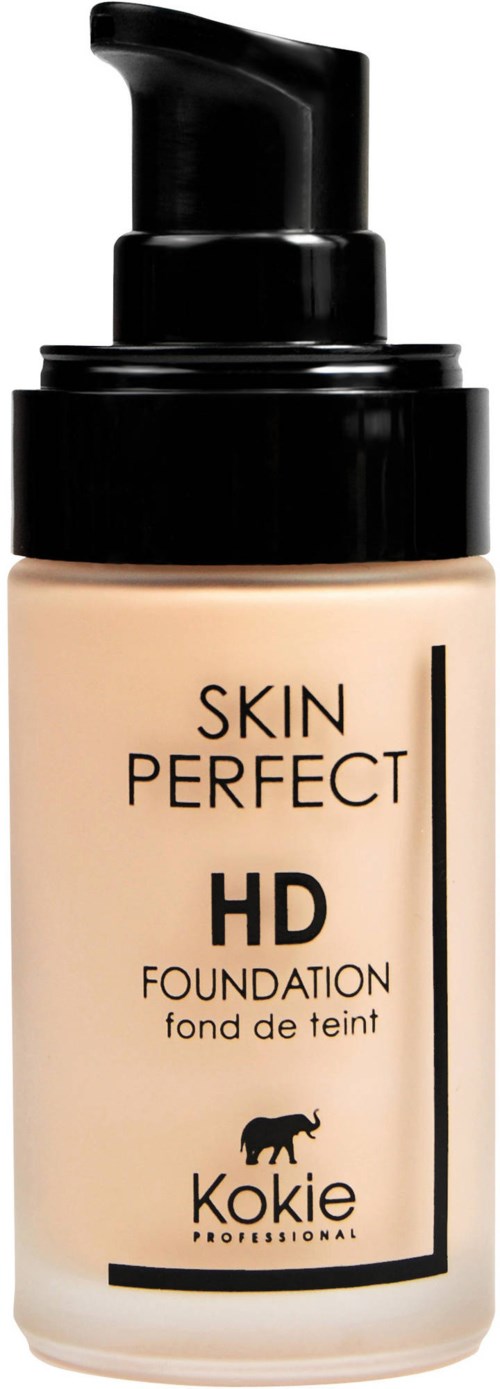 En flaska Skin Perfect HD Foundation av Kokie, med en svart pump och beige vätska innanför.