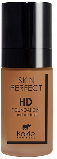 En fondationflaska märkt 'Skin Perfect HD' från Kokie med svart lock och beige vätska inuti.