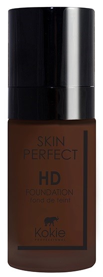 En brun foundationflaska med svart lock, märkt 'Skin Perfect HD Foundation' av Kokie.