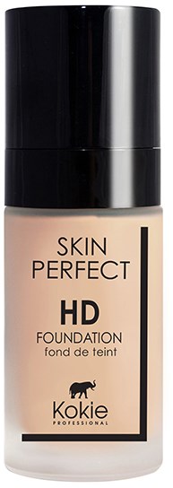 En flaske Skin Perfect HD Foundation med svart og beige farger, merkenavnet Kokie, og en løvelogo.