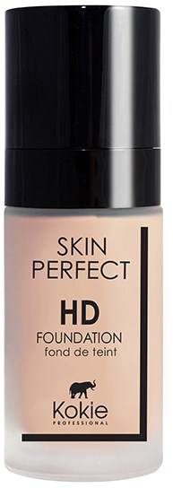 En flaske med foundation merket 'Skin Perfect HD Foundation' av Kokie, med svart og sølv kann.