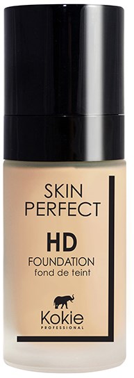 En beige foundationflaska med svart lock, märkt "Skin Perfect HD Foundation" av Kokie, med en hundlogga.