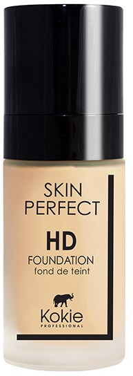 Foundationflaska med svart lock, beige vätska, etikett visar att den är hudperfekt, HD, och Kokie-märke.