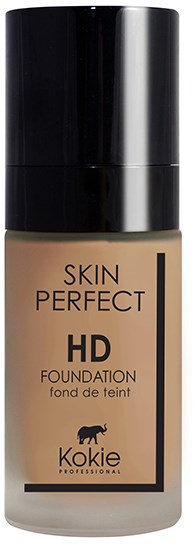 En beige flaske med HD-foundation med svart lokk, merket 'Skin Perfect' og 'Kokie Professional.'