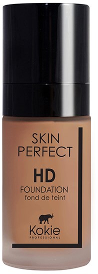 En flaska Skin Perfect HD Foundation av Kokie Professional, i ett glas med svart lock.