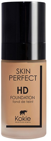 Fundamentflaske med svart lokk, merket 'Skin Perfect HD Foundation' av Kokie, i beige farge.