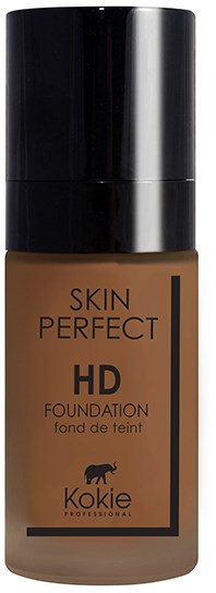 En flaske Skin Perfect HD Foundation fra Koki med svart lokk og brunt innhold.