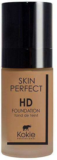 En flaske med Skin Perfect HD Foundation fra Kokie, med svart lokk og beige væske inni.