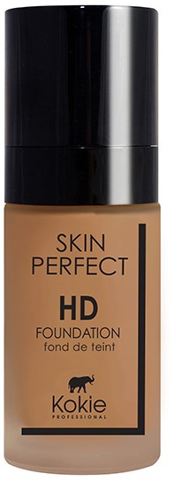 En flaska foundation med svart lock, etiketten säger "Skin Perfect HD Foundation" och har en hundlogga.