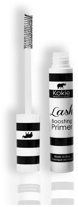 En svart-vit randig ögonfransprimer med borste, märkt "Kokie Lash Boosting Primer" från Italien.