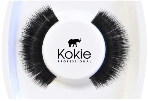 Falske øyenvipper på en hvit beholder med en svart elefantlogo og ordene "Kokie Professional".