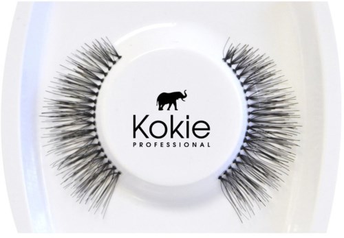 Falske øyevipper på en hvit rund beholder med teksten 'Kokie PROFESSIONAL' og en elefant logo.