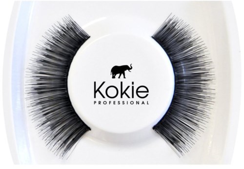 Øyenvippeforlengelser i en rund eske med en elefantlogo og teksten 'Kokie PROFESSIONAL'.