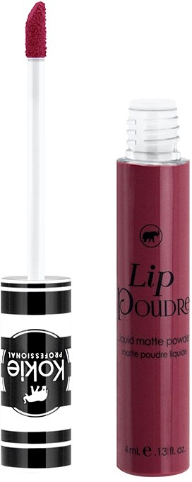 Läppglansrör med applikatorborste, rosa med svart och vitt märke, märkt som "Lip Poudre".