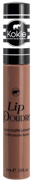 En läppprodukt i ett rör med svart lock, märkt "Lip Poudre" och verkar vara matt puder.