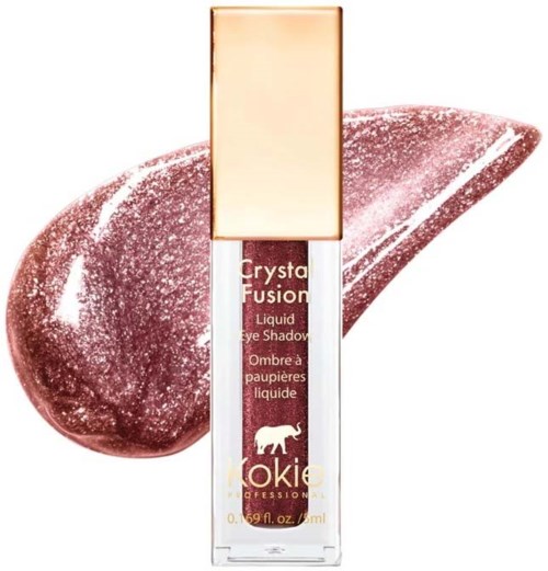 Ein flüssiges Lidschattenprodukt mit rosa Glitzer-Hintergrund und goldener Kappe. Die Marke ist "Cookie".