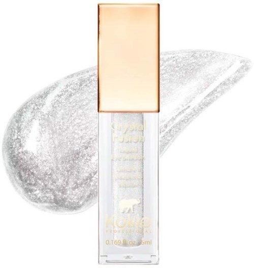 Eine klare Parfümflasche mit goldener Kappe, vor einem großen weißen künstlerischen Spritzer.