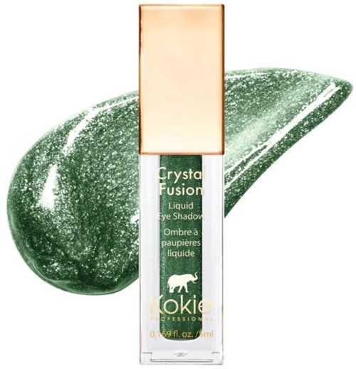 Grønn flytende øyeskygge med gullkappe, merket Kryolan Crystal Fusion, foran en prøve. Enkel design.