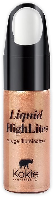 En flaska med flytande highlighter för ansiktet med svart lock och beige kropp från Kokie Professional.
