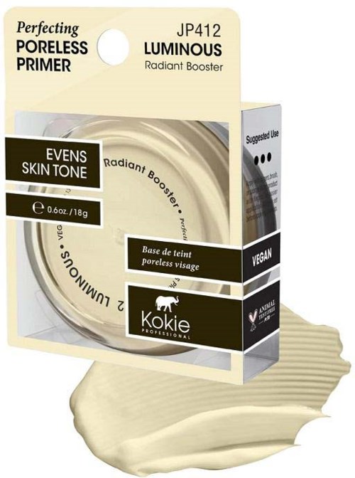 Beige og svart emballasje for en ansiktsprimer med en kremaktig prøve under.