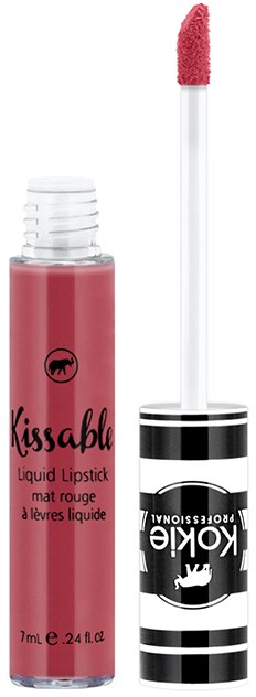 Ein pinkfarbener flüssiger Lippenstift in einer Tube mit Applikator, beschriftet "Kissable" und "liquid lipstick".