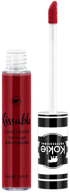Roter flüssiger Lippenstift in Hülse mit Applikator. Es steht 'Kissable' und 'liquid lipstick'.