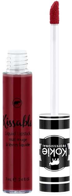 Roter flüssiger Lippenstift mit langem Applikator und schwarz-weiß gestreiftem Deckel.