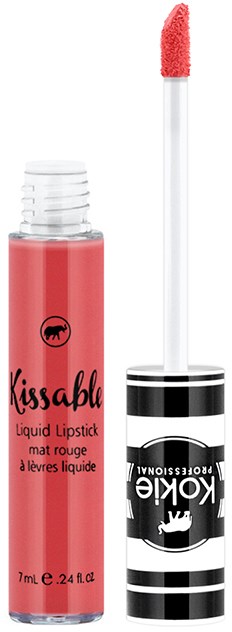 Ein rosa flüssiger Lippenstift in einer durchsichtigen Tube mit schwarz-weiß gestreiftem Deckel und Applikatorspachtel.