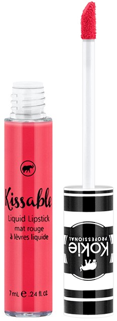 Ein pinkfarbiger flüssiger Lippenstift mit schwarz-weiß gestreifter Kappe und Applikator.
