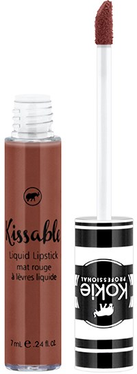 Flüssiger Lippenstift in kleiner Tube mit Applikator. Die Tube ist braun, und der Applikator hat eine rötlich-braune Spitze.