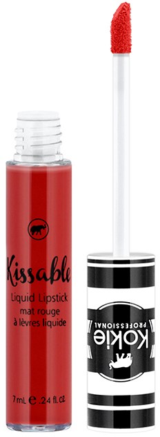 Roter flüssiger Lippenstift mit Applikatorspike, schwarz-weiß gestreiftem Verschluss und Logo.