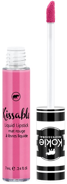 Ein rosa flüssiger Lippenstift mit einem schwarz-weißen gestreiften Applikator.