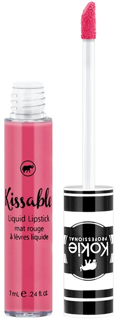 Rosa flüssiger Lippenstift mit Applikator. Die Tube zeigt den Markennamen 'Kissable' und hat ein niedliches Tier-Logo.