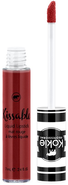 Ein roter flüssiger Lippenstift mit einem weißen Applikator und schwarz-weiß gestreifter Kappe. Markenname ist Kissable.