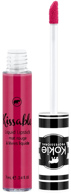 Ein pinkes flüssiges Lippenstift mit einem weißen und schwarzen gestreiften Applikator und einem schwarzen Logo auf der Tube.