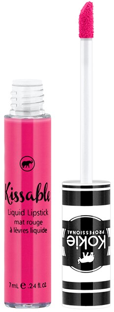 Ein pinkfarbiger flüssiger Lippenstift mit einem weißen und schwarzen gestreiften Deckel und einem Applikator. Der Markenname ist Kissable.
