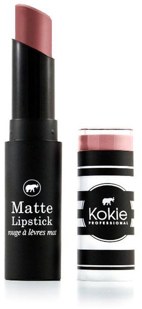 En leppestift med sort etui og en lyse rosa nude leppestift inni, ved siden av en stripete beholder med leppepomade.