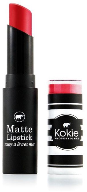 En svart tube med matt leppestift og en svart-hvitt stripet beholder med rosa leppestift inni.