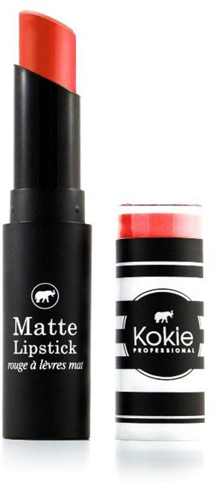 En svart läppstiftspenna med röd läppstift och en annan behållare märkt "Kokie".