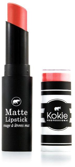 En svart leppestift med merket 'Matte Lipstick' og en matchende leppestiftlokk med rosa leppefarge.