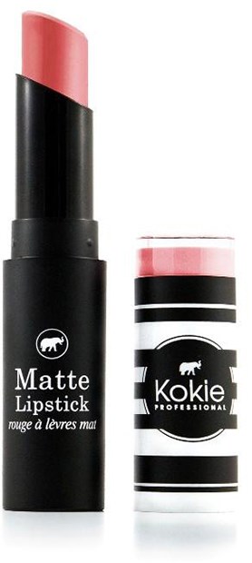 En svart matt leppestift med rosa farge og en matchende leppepomade med svarte og hvite striper.