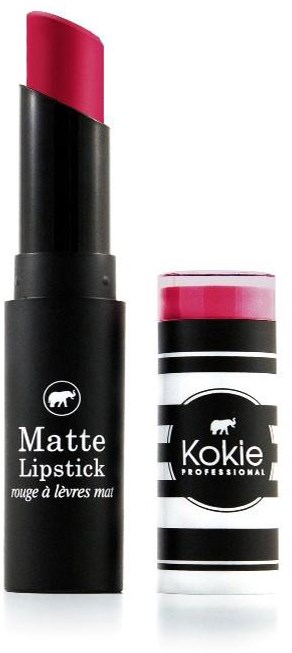 Et leppestift med svart tube og rosa farge; en matchende hette med svarte og hvite striper og ordene 'Kokie Professional'.