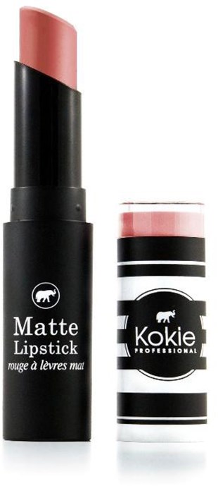 Et matt leppestift og et leppepomade står oppreist, begge i svarte beholdere med logoer og etiketter.