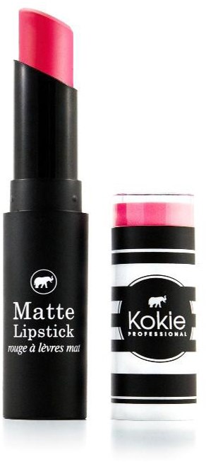 En svart leppestiftholder med rosa leppestift og en matchende stripet beholder merket 'Kokie.'